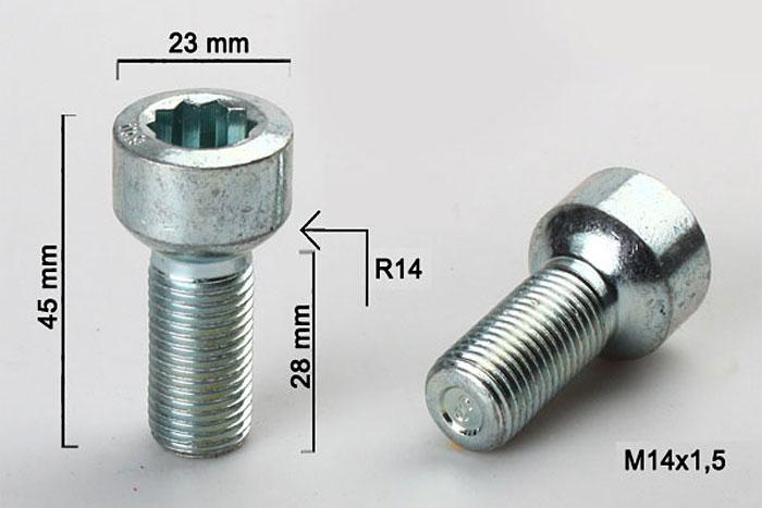 M14x1,5, Wielbout radius inbus, Draadlengte 28mm, 23mm kopdiameter